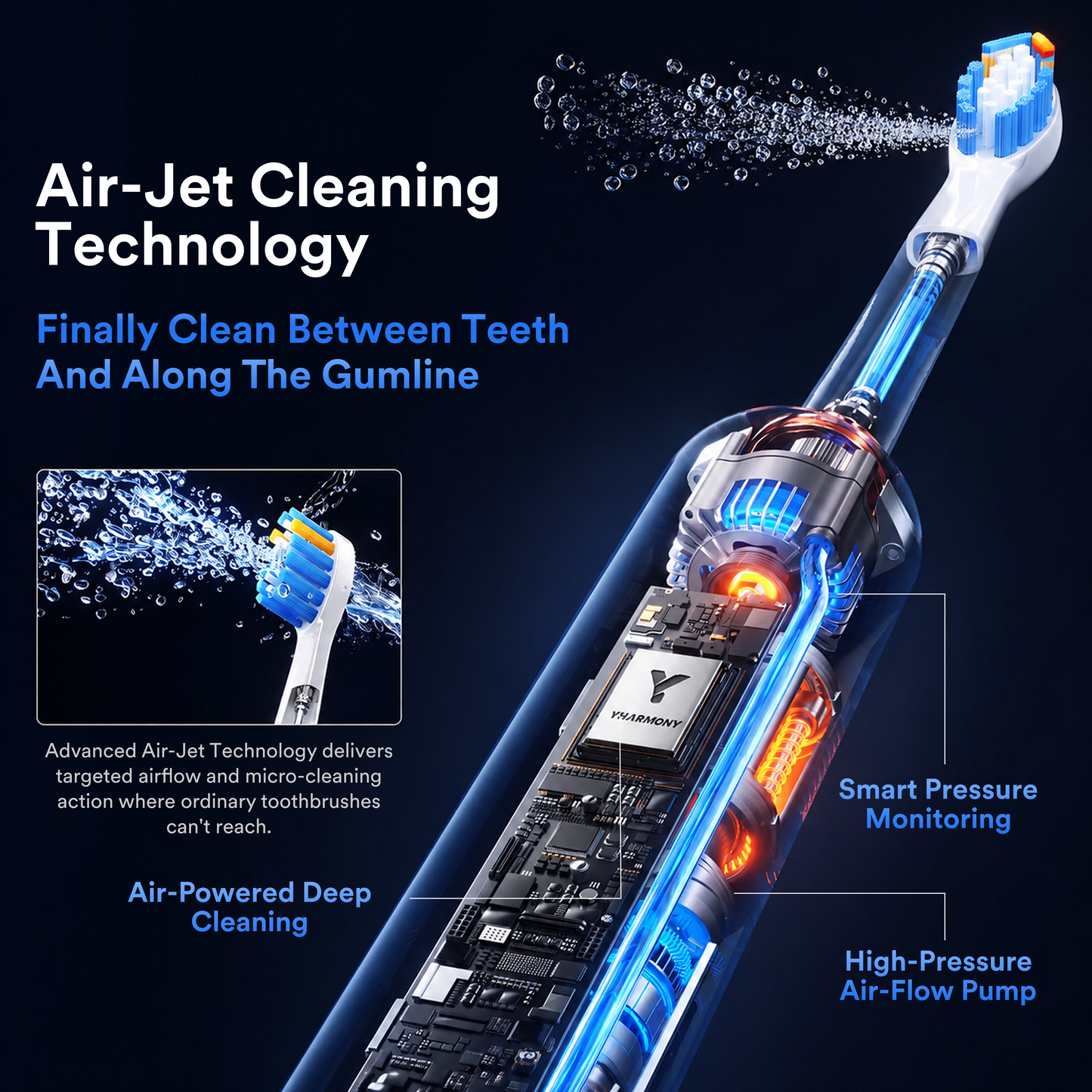YHARMONY Air-Max 68kHz High-Frequency Dual-Pulse Electric Toothbrush for Stubborn Stains, Deep Cleaning