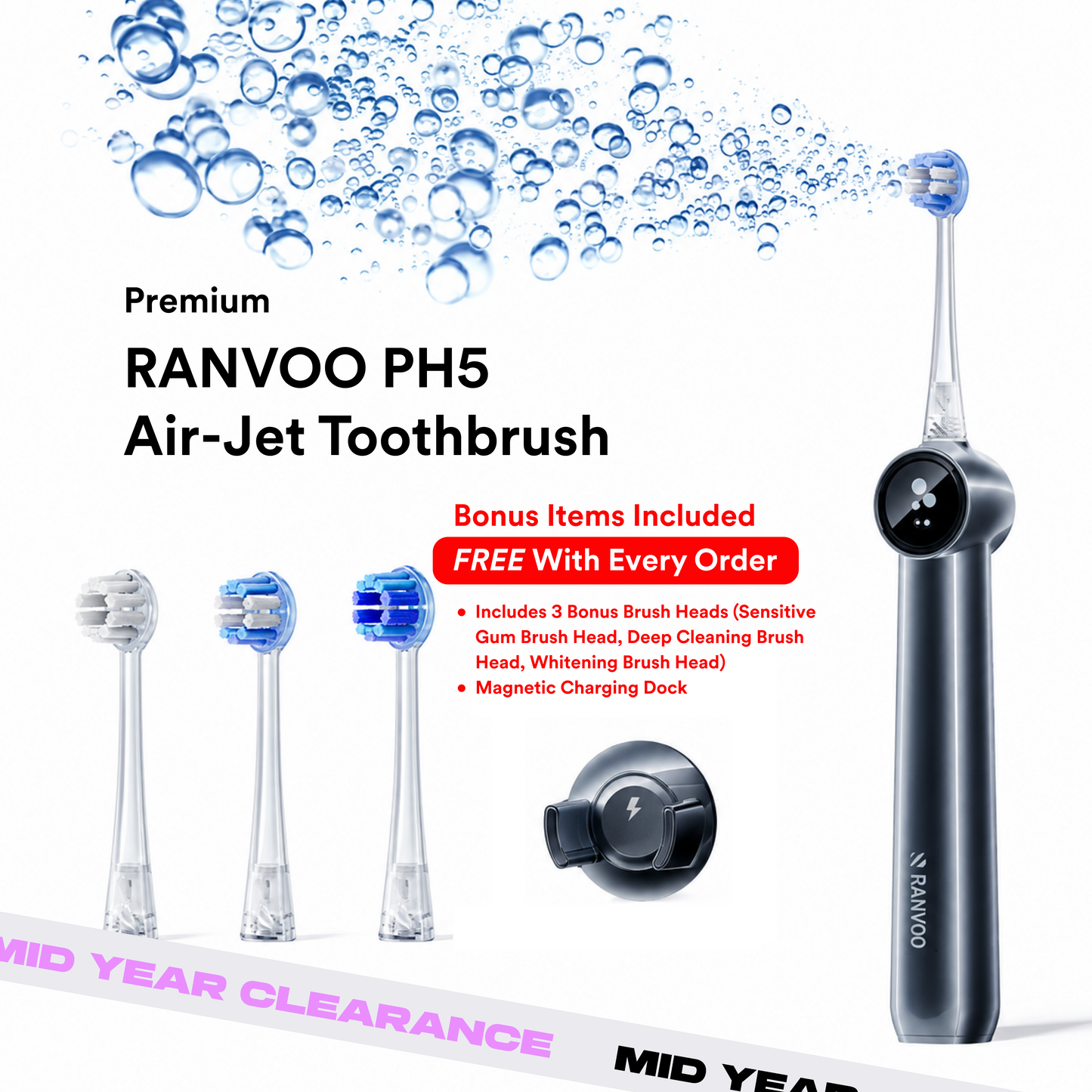 2026 Edition- RANVOO PH5 Zero-Vibration Premium Air Jet Toothbrush for Sensitive Gums